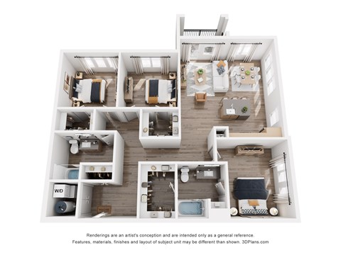 Floor plan for 3 beds, 2 baths, 1391 sqft